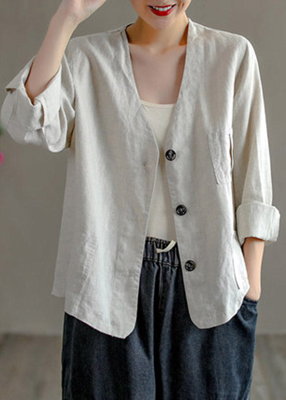 Vintage Chocolate V Neck Patchwork Button Linen Shirt Long Sleeve