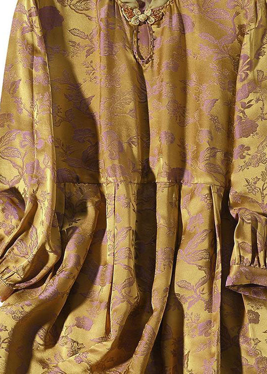 Vintage Gold Jacquard Ruffled Patchwork Silk Top Summer