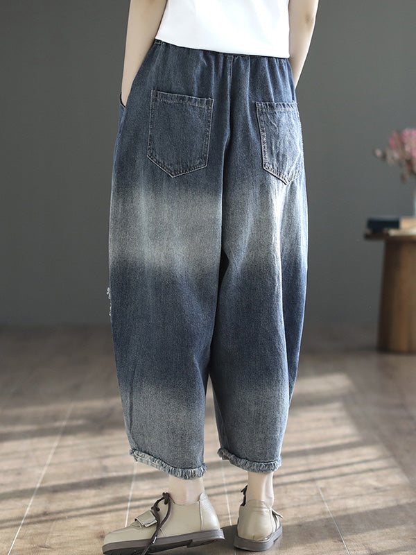 Hollow Elasticity Applique Vintage Denim Ninth Pants