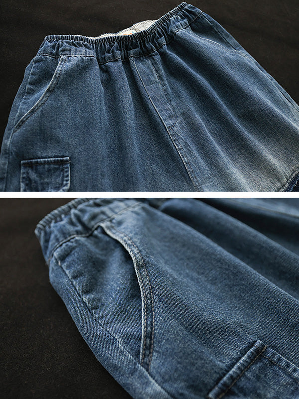 Hollow Elasticity Applique Vintage Denim Ninth Pants