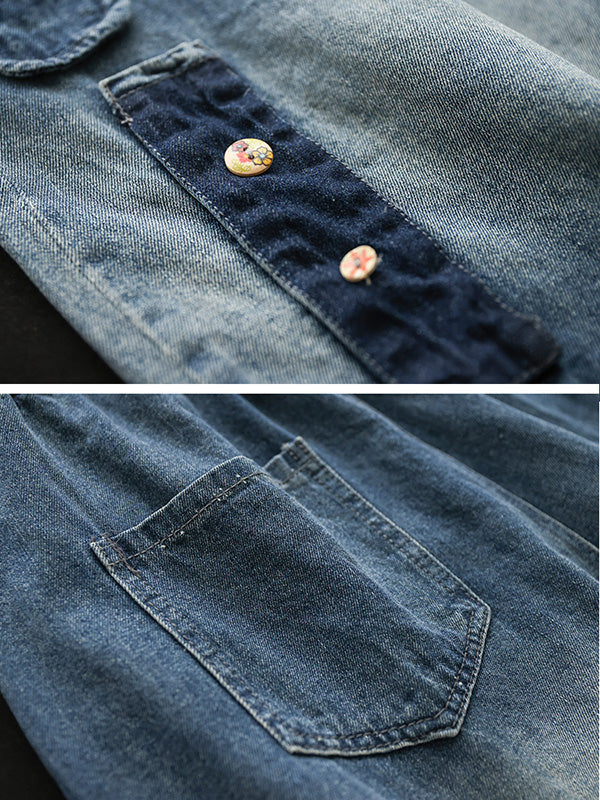 Hollow Elasticity Applique Vintage Denim Ninth Pants