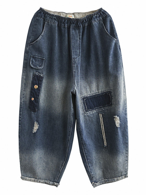 Hollow Elasticity Applique Vintage Denim Ninth Pants