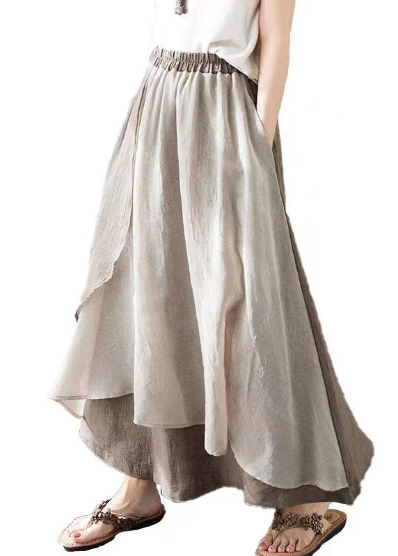 Khaki Asymmetric Design Patchwork Linen Retro Skirt Summer