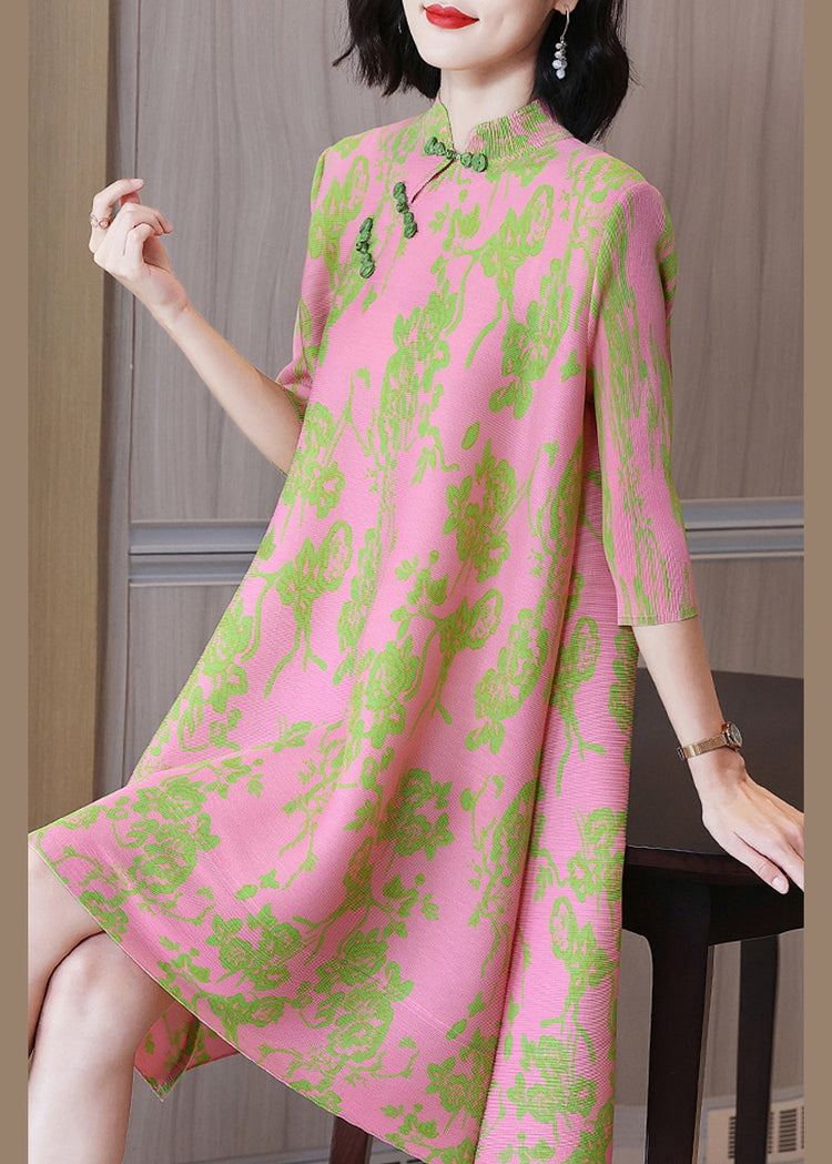 Vintage Pink Mandarin Collar Wrinkled Silk Oriental Dresses Half Sleeve