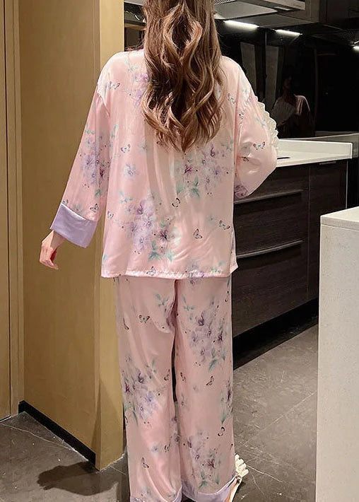 Vintage Purple Tasseled Patchwork Ice Silk Pajamas Two Pieces Set Spring