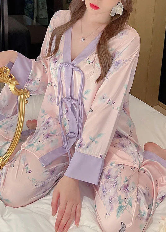 Vintage Purple Tasseled Patchwork Ice Silk Pajamas Two Pieces Set Spring