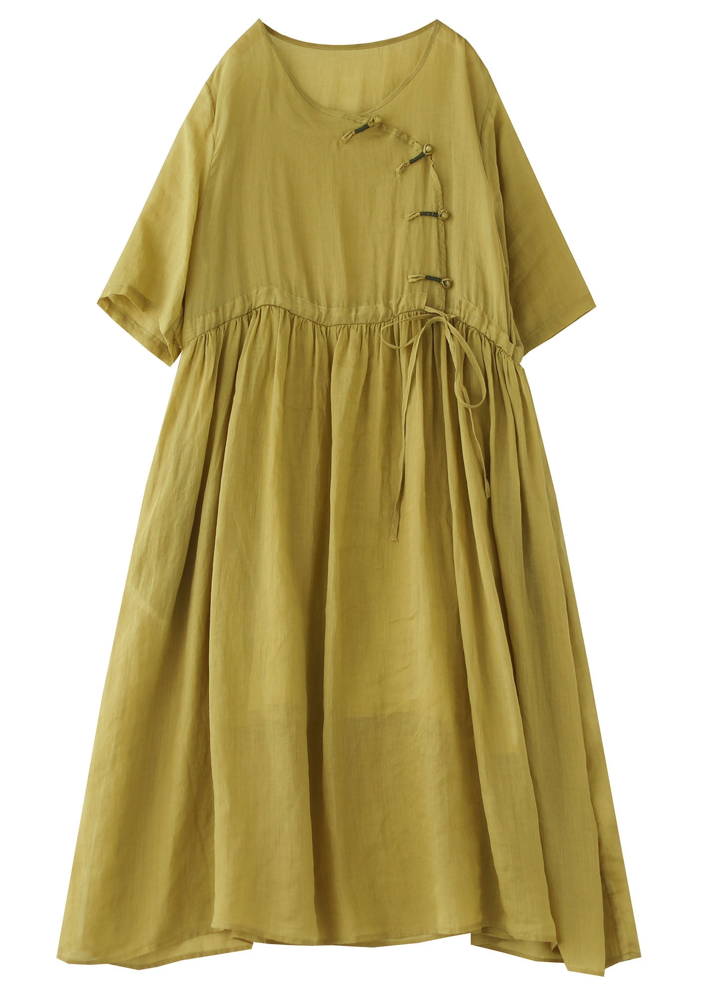 O Neck Vintage Yellow Patchwork Chinese Button Cotton Dresses Summer
