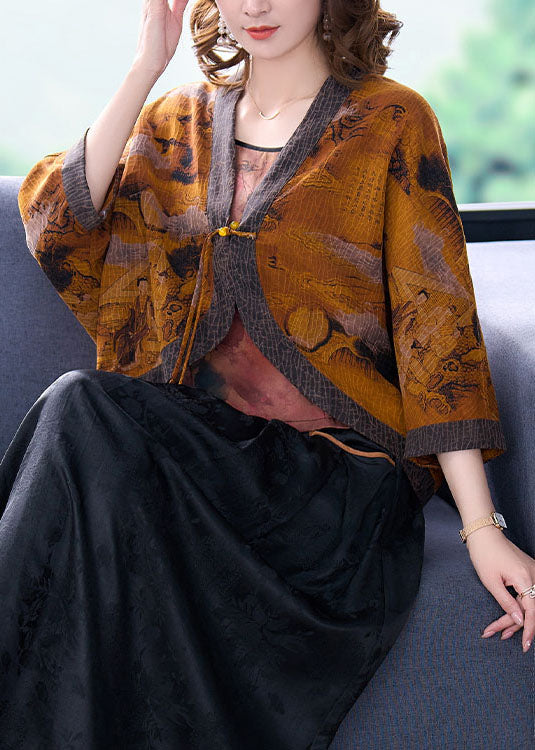 Vintage V Neck Yellow Patchwork Silk UPF 50+ Batwing Sleeve Coat