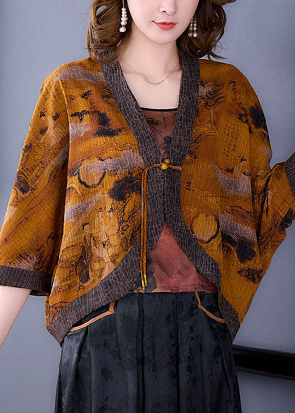 Vintage V Neck Yellow Patchwork Silk UPF 50+ Batwing Sleeve Coat