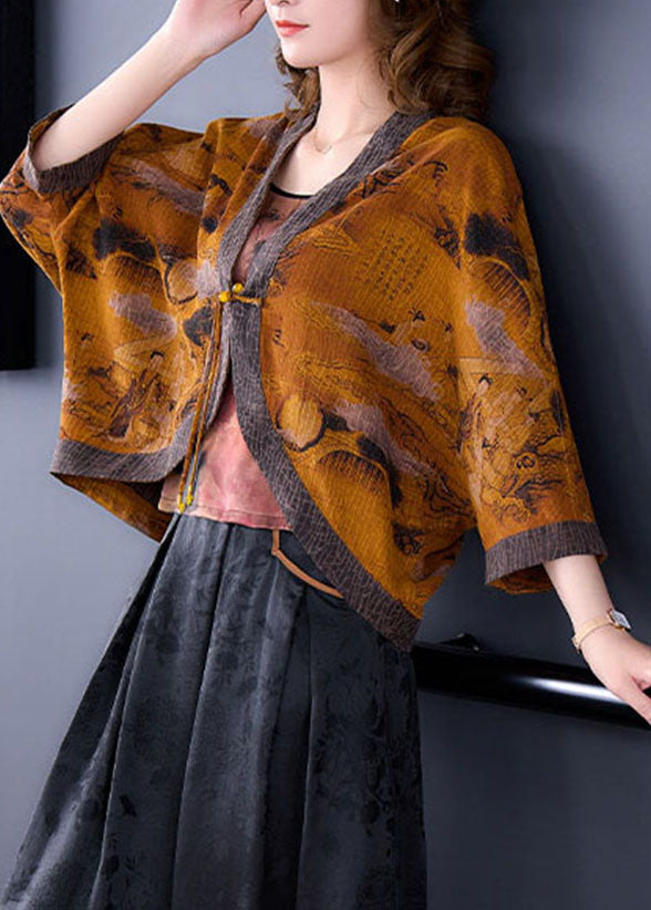 Vintage V Neck Yellow Patchwork Silk UPF 50+ Batwing Sleeve Coat