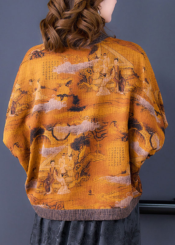 Vintage V Neck Yellow Patchwork Silk UPF 50+ Batwing Sleeve Coat