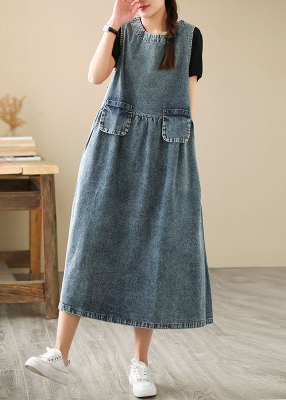 Blue Pocket Patchwork Wrinkled Denim Dress Summer