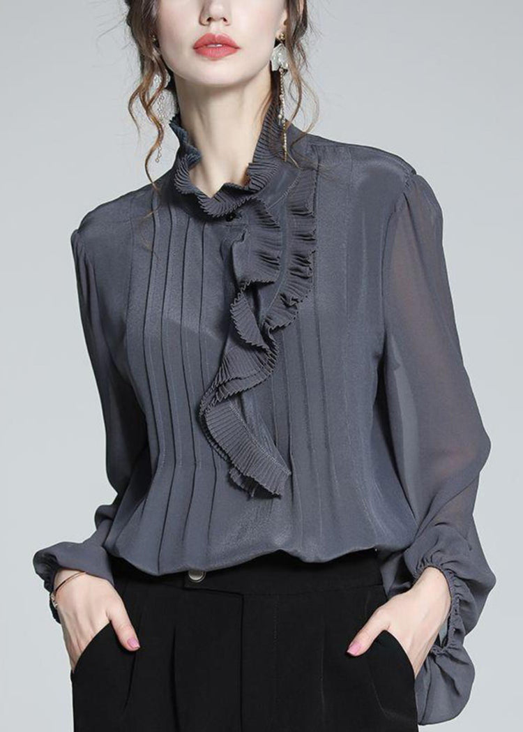 Women Grey Blue Ruffled Patchwork Chiffon Shirts Spring