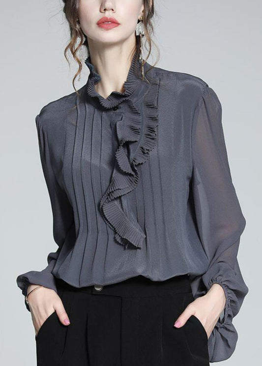 Women Grey Blue Ruffled Patchwork Chiffon Shirts Spring