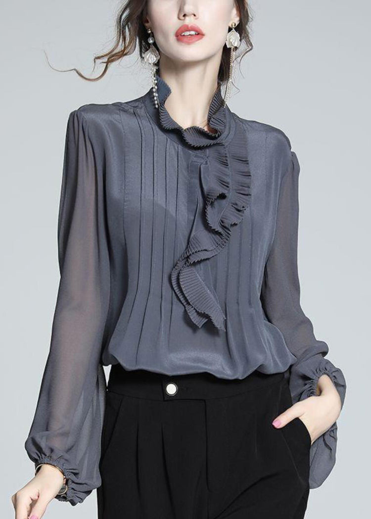 Women Grey Blue Ruffled Patchwork Chiffon Shirts Spring