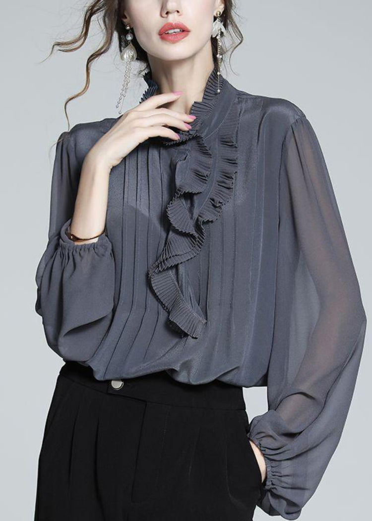 Women Grey Blue Ruffled Patchwork Chiffon Shirts Spring
