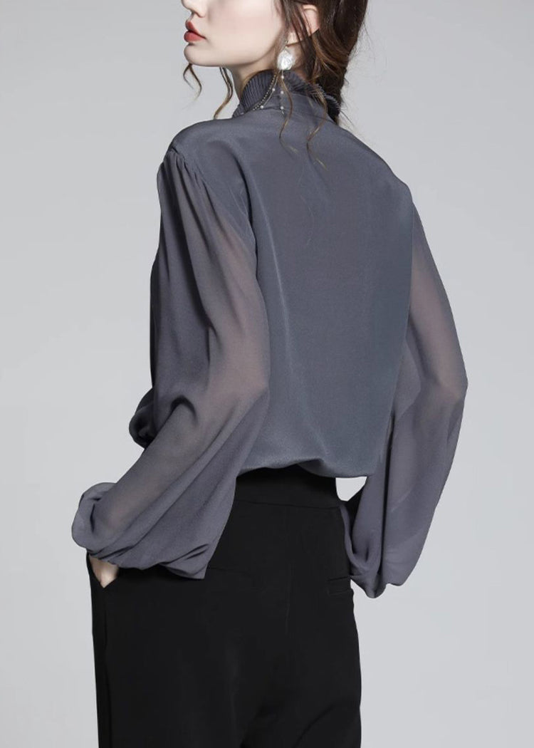 Women Grey Blue Ruffled Patchwork Chiffon Shirts Spring