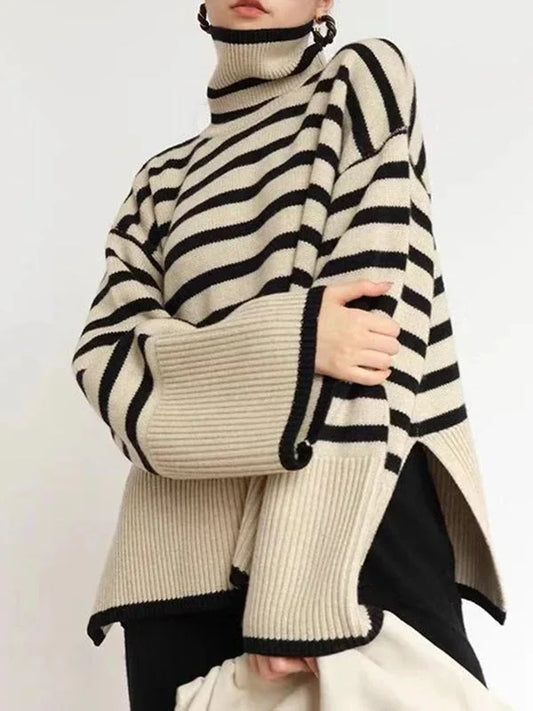 Urban Apricot Turtle Neck Striped Knit Two Piece Suit Set