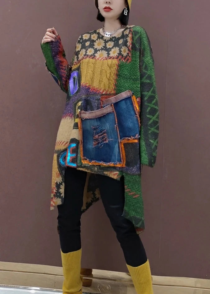 Stylish Green Print Asymmetrical Patchwork Knit Top Fall