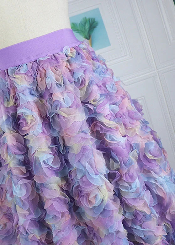 Gradient Color Purple Embroidered Floral Elastic Waist Tulle Maxi Skirt Long Sleeve