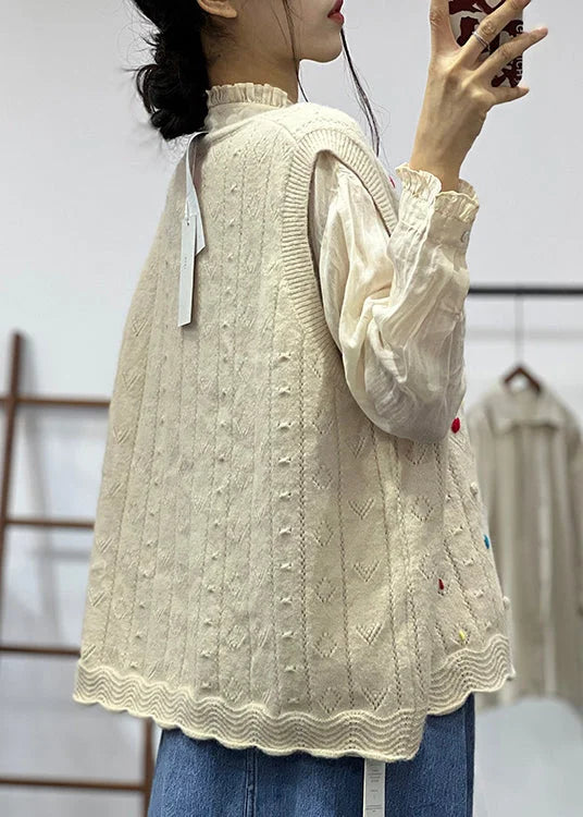 Plus Size Apricot O Neck Button Knit Vest Sleeveless