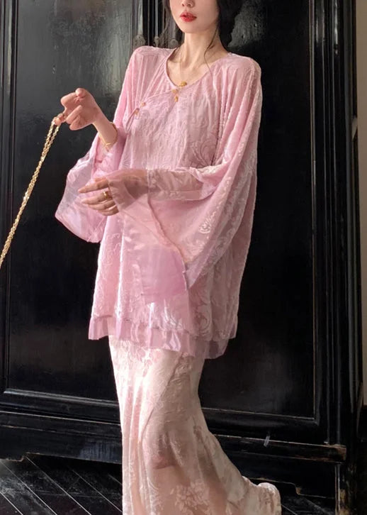 Blue Lace Up Silk Velour Shirts V Neck Batwing Sleeve