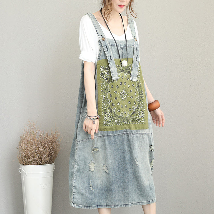 light blue natural cotton denim dress oversize sleeveless gown vintage patchwork prints dresses