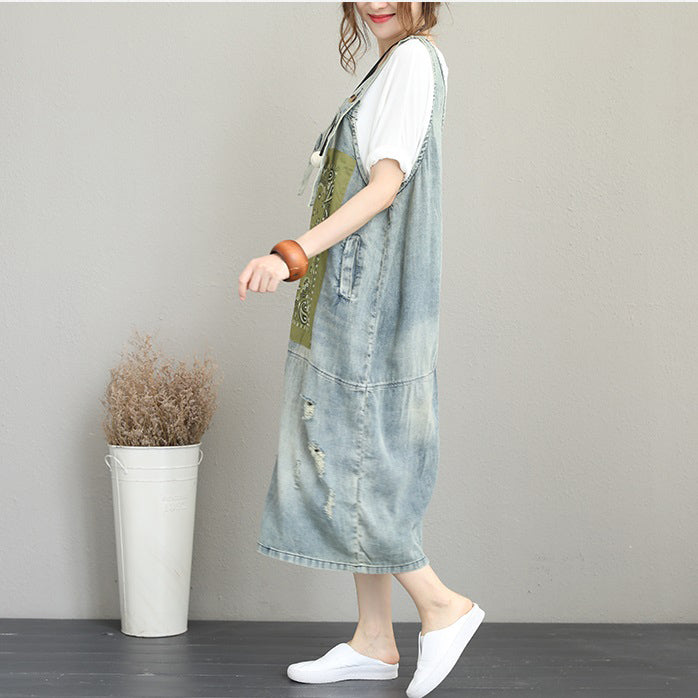 light blue natural cotton denim dress oversize sleeveless gown vintage patchwork prints dresses