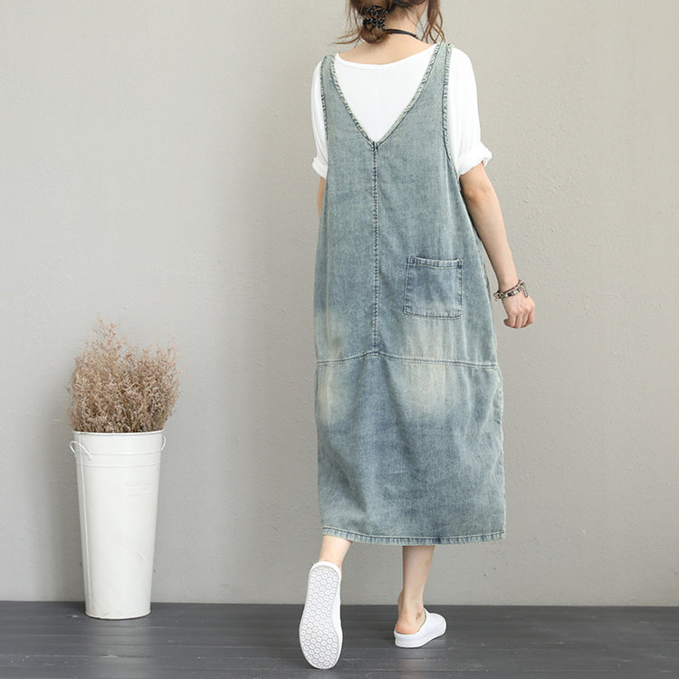 light blue natural cotton denim dress oversize sleeveless gown vintage patchwork prints dresses