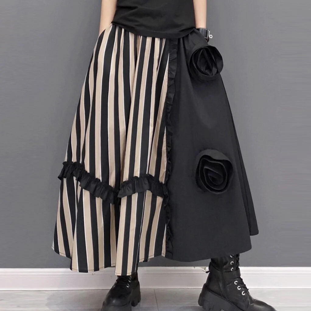 Fashion Loose Casual Ethnic Style Striprd Patchwork Skirts