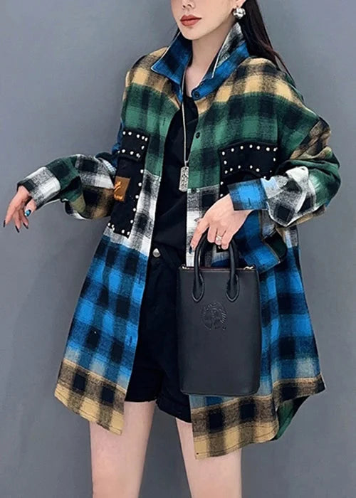 Street Yellow Plaid Button Patchwork Cotton Blouses Long Sleeve