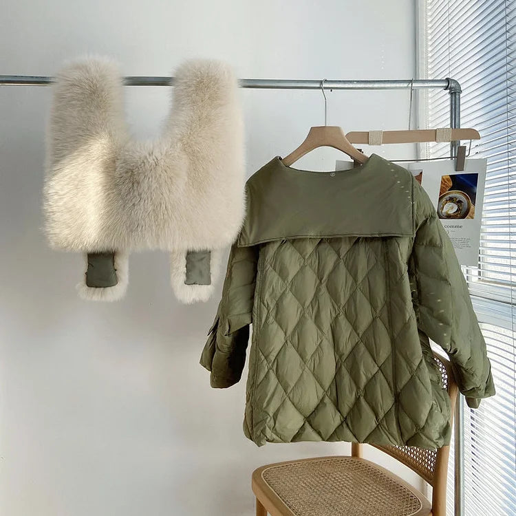 Chic Pink Fur Collar Oversized Duck Down Puffers Jackets Winter(Removable fur collar)