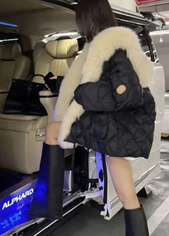 Chic Pink Fur Collar Oversized Duck Down Puffers Jackets Winter(Removable fur collar)