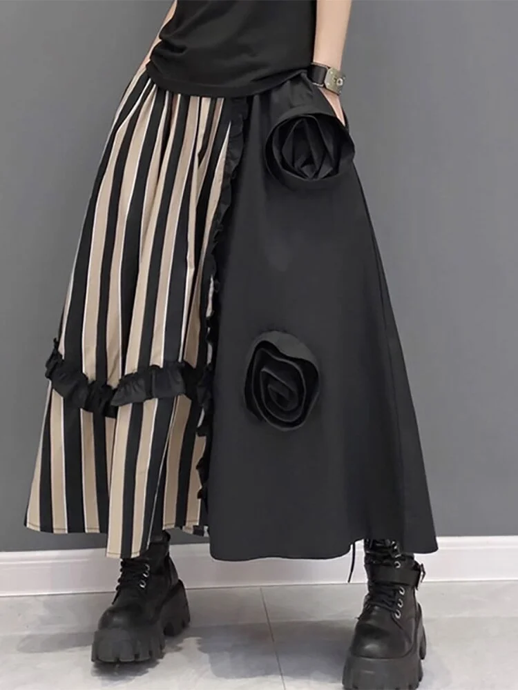 Fashion Loose Casual Ethnic Style Striprd Patchwork Skirts