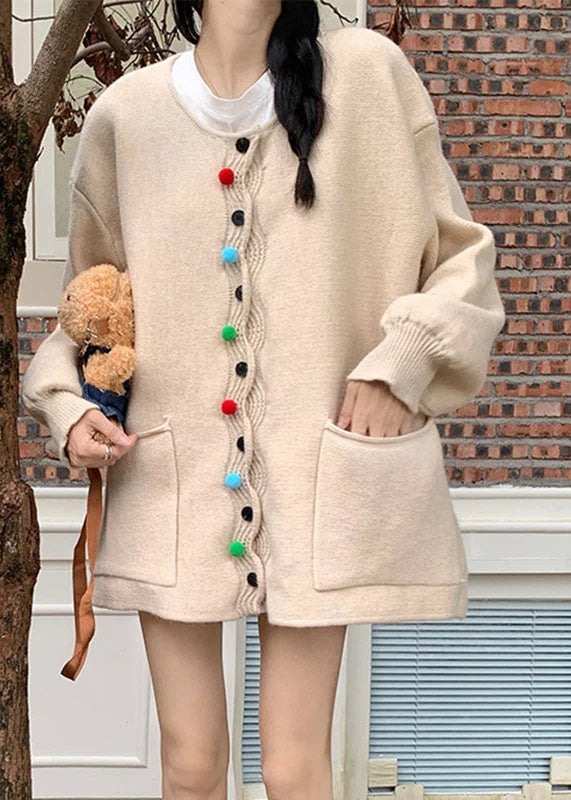 Apricot Pockets Patchwork Cotton Knit Sweaters Coat Long Sleeve