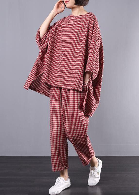 Vintage Casual Plus Size Cotton Linen Red Plaid Blouse And Pants Two-Piece Set
