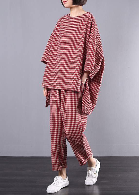 Vintage Casual Plus Size Cotton Linen Red Plaid Blouse And Pants Two-Piece Set