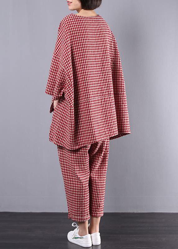 Vintage Casual Plus Size Cotton Linen Red Plaid Blouse And Pants Two-Piece Set