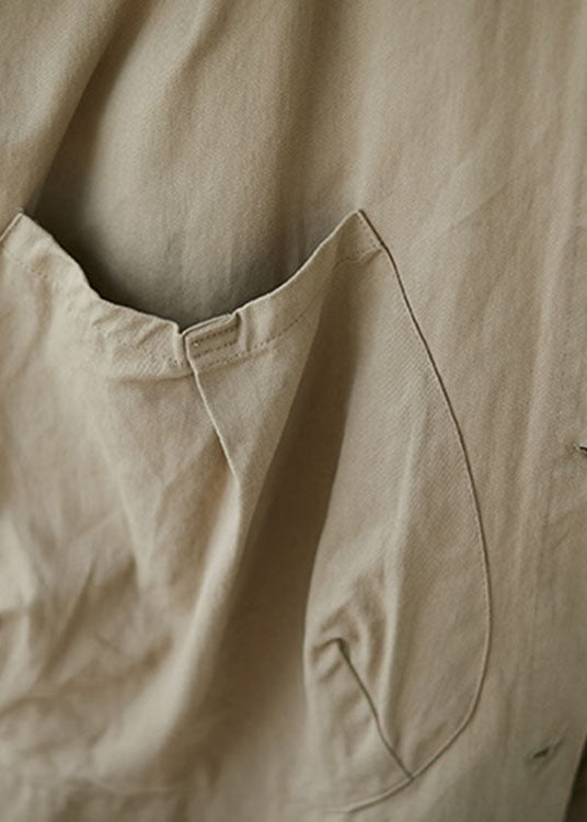 Khaki Hooded Pockets Cotton Loose Coat Spring