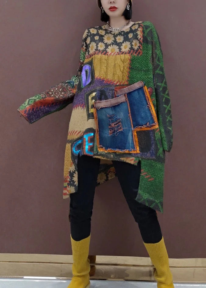 Stylish Green Print Asymmetrical Patchwork Knit Top Fall