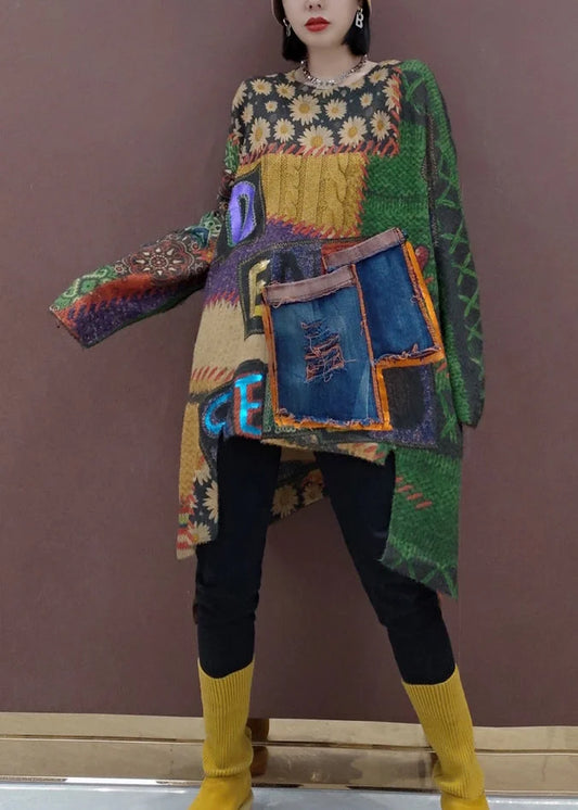 Stylish Green Print Asymmetrical Patchwork Knit Top Fall