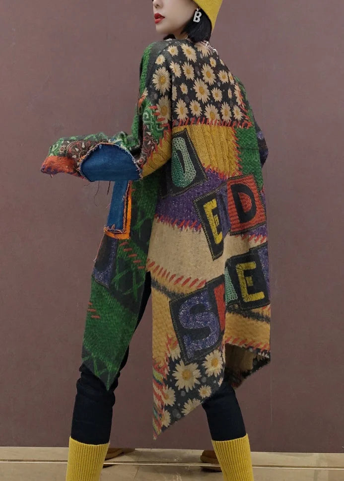 Stylish Green Print Asymmetrical Patchwork Knit Top Fall