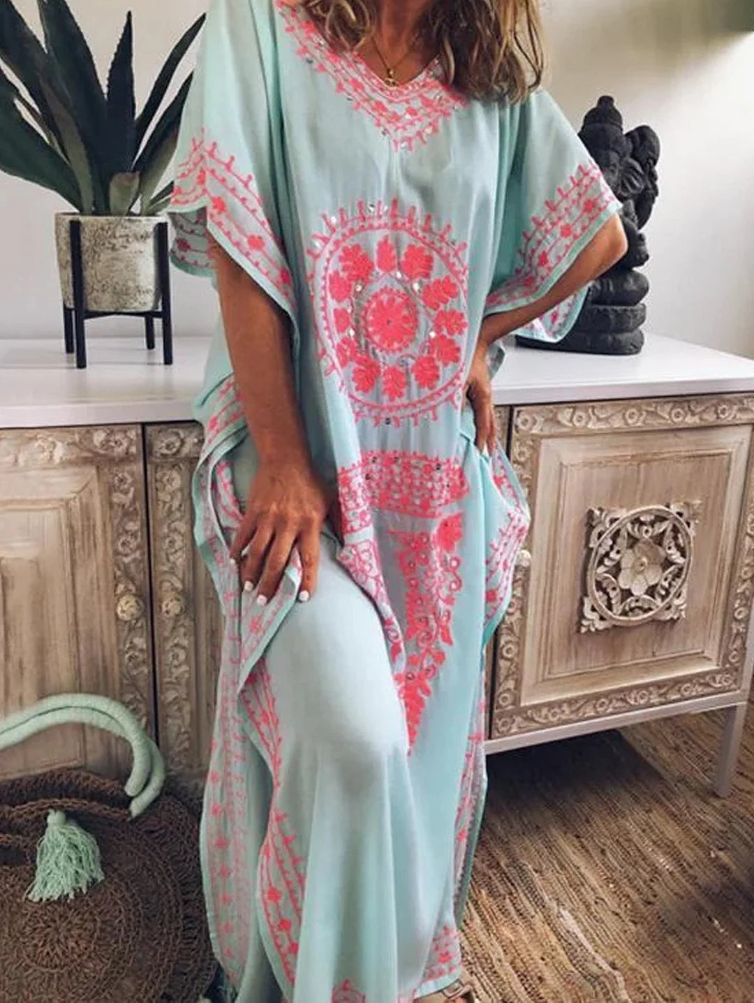 Bohemian V Neck Maxi Dress Short Sleeve