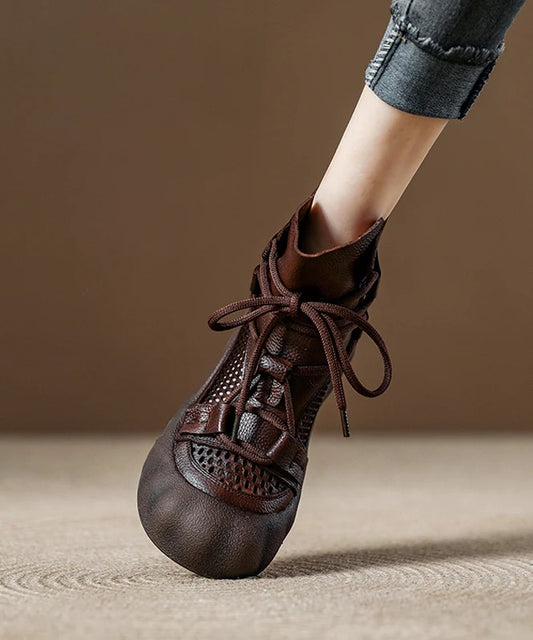 Chocolate Lace Up Splicing Platform Breathable Hollow Out Boots