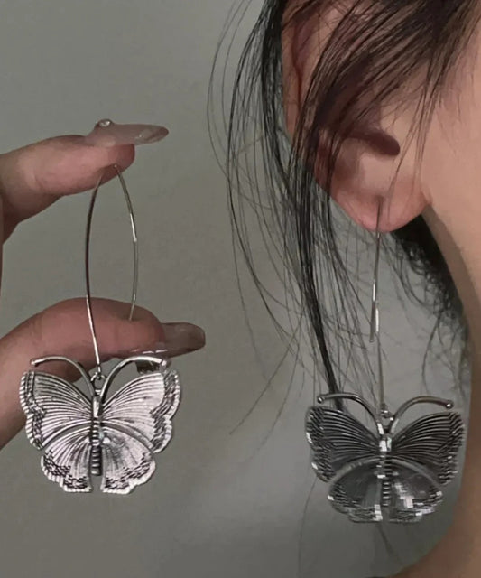 Retro Silver Butterfly Drop Earrings