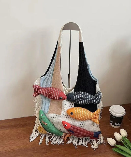 Casual Mixed Color Fish Decorated Hollow Out Cotton Shoulder Bags