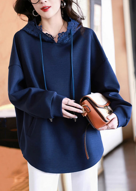 Loose Navy Hooded Pockets Lace Cotton Sweatshirt Fall
