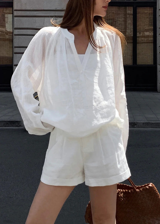 Loose White Long Sleeve Top And Shorts Linen Two Pieces Set