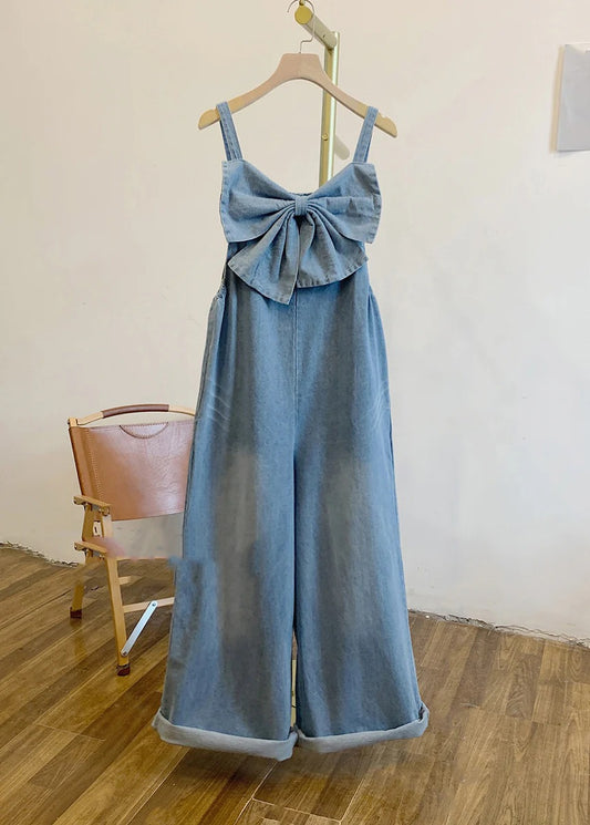 Women Blue Patchwork Bow Denim Jumpsuits Summer