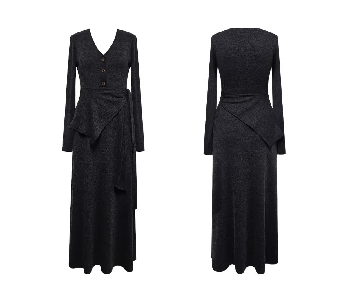 Plus Size Dark Gray V-Neck Button Front Long Sleeve Wrap Waist Maxi Dress